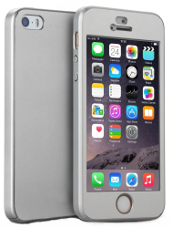 Husa Full Cover 360 fata + spate + geam sticla pentru iPhone 5 / SE / 5S Silver 