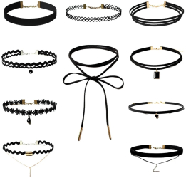 Set 10 coliere choker Catifea si metal Negru 
