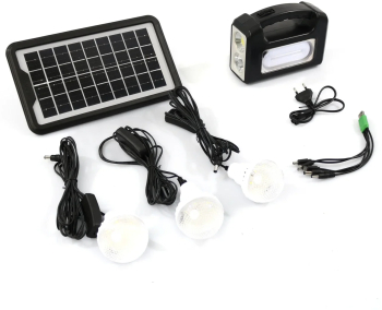 Sistem de iluminat solar GDPLUS 3 becuri LED unitate principala/baterie cu lanterna USB cablu de incarcare 