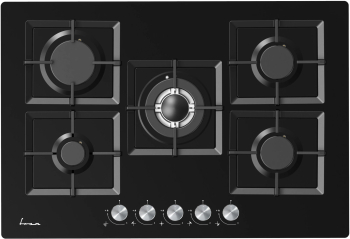 Plita incorporabila Fram FBH-M705IWF-GBK Gaz 5 arzatoare Gratar fonta Wok Aprindere electrica Dispozitiv de siguranta 75 cm Sticla neagra 