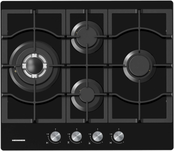 Plita incorporabila Heinner HBH-M452IWFGBK Gaz 4 arzatoare Gratar fonta Wok Aprindere electrica Dispozitiv de siguranta 60 cm Sticla