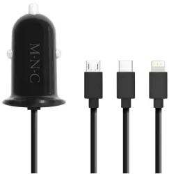 Adaptor 3in1 pentru bricheta auto 12-24V - USB + cablu Lightning Micro USB si USB Type-C 3.1A negru MNC 54920BK 