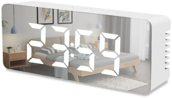 Ceas Digital Led cu Oglinda MRG M1162 De Birou Termometru si Alarma Iluminare Continua Afisaj 12/24 h USB Afisaj Alb