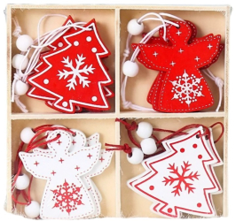 Set 12 Decoratiuni de Craciun din Lemn Flippy cu Snur pentru Agatare in Brad Model Brazi si Ingerasi Alb-Rosu 