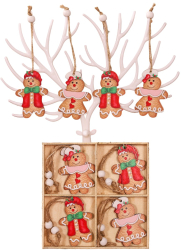 Set 12 Decoratiuni de Craciun din Lemn Flippy cu Snur pentru Agatare in Brad Model Prajituri Dimensiuni Diferite 2 Modele Multicolor 