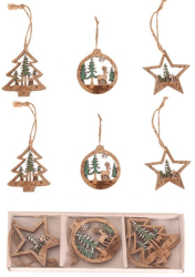 Set 6 Decoratiuni de Craciun din Lemn Flippy cu Snur pentru Agatare in Brad Model Brad Glob si Steluta Verde 
