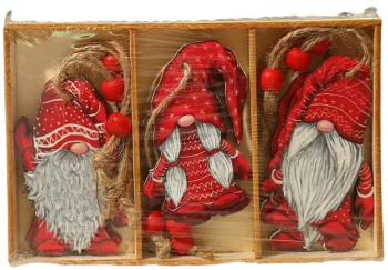 Set 9 Decoratiuni de Craciun din Lemn Flippy cu Snur pentru Agatare in Brad Model Mos Craciun Diferite Dimensiuni 3 Modele Rosu 