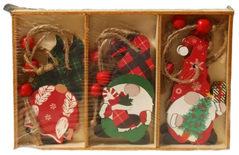 Set 9 Decoratiuni de Craciun din Lemn Flippy cu Snur pentru Agatare in Brad Model Mos Craciun Pitic Diferite Dimensiuni 3 Modele 
