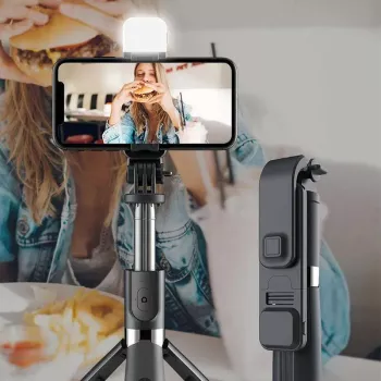 Set 3in1 Selfie Stick cu Lampa LED si Trepied conectare Bluetooth alimentare USB