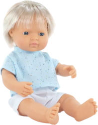 Papusa baiat caucazian blond 38 cm cu tricoul bleu corp parfumat colectia my friends and me 