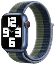 Curea textila sport loop marca THD pentru Apple Watch 45 mm marime universala seria 7 si seria 8 cu dungi albastru si verde inchis 