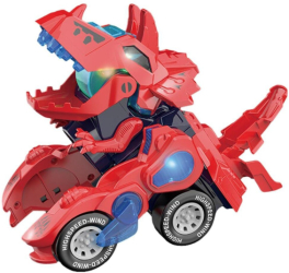 Model de masina robot transformator 2 in 1 cu tematica dinozaur si functii de lumini si sunete baterii neincluse Rosu 