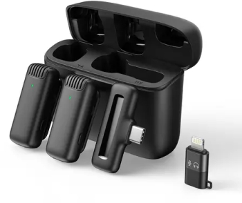 Set 2 microfoane lavaliera Apexel MIC-08 omnidirectional wireless carcasa incarcare interfata USB-C si lightning 