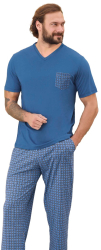 Pijama barbati 240330 tricou cu pantaloni lungi 100 bumbac Aydogan-Albastru Marin-M INTL 