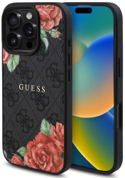 Husa pentru iPhone 16 Pro Max - Guess Hardcase 4G Flower Print MagSafe GUHMP16XP4ROPEMCK - Black 