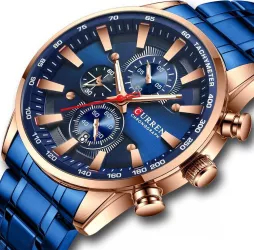 Ceas barbatesc Curren Business Sport Casual Analog Mecanism Quartz Otel inoxidabil Data Rezistent la socuri Cronograf Albastru 