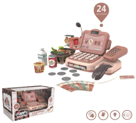 Casa de marcat de jucarie scanner produse microfon cos produse bani 24 accesorii efecte muzicale 25x16x15 cm 