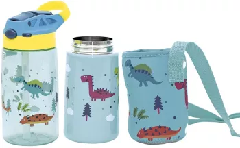 Set 3 in 1 recipient din tritan cu pai 500 ml termos otel inoxidabil 350 ml cu capac maner husa neopren si bretea transport Olmitos Dino 