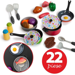 Set 22 accesorii bucatarie copii alimente condimente oale ustensile multicolor 