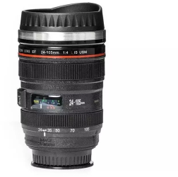 Cana in forma de obiectiv foto antigravitatie cu interior din otel inoxidabil protectie termica 350 ml Gonga® Negru 