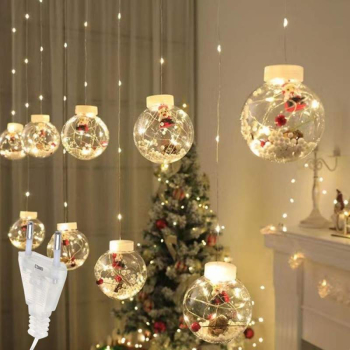 Instalatie Craciun Perdea Luminoasa SIKS Tip Glob Cu Conuri Brad 10 Figurine Mos Craciun Interconectabila 8 Jocuri De Lumini Alb Cald 3