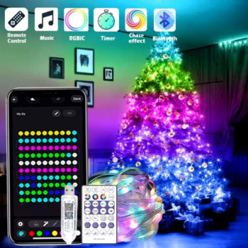 Instalatie De Craciun Smart RGB Wi-Fi SIKS Pentru Brad Fir de 20 Metri Cu Conectare Bluetooth 220 Led Aplicatie Mobil Conectare USB la 
