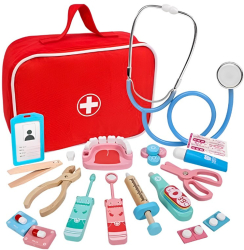 Trusa doctor stomatolog copii set din lemn cu multiple accesorii geanta cu fermoar