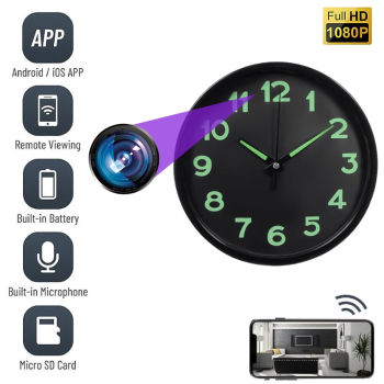 Camera Spion WIFI TSS-MCPNV01 Ascunsa in Ceas de Perete Diametru de 20 cm Glow in the Dark 5MP Full HD Inregistrare Audio-Video si App 