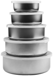 Set 5 caserole de bucatarie cu capac otel inoxidabil si capac din plastic flexibil argintiu 