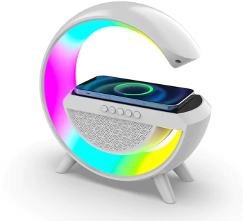 Stand Incarcator Wireless 15W Bluetooth Speaker Lampa Smart LED RGB Radio FM Card microSD AUX Alb 