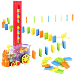Trenulet Electic Domino idealSTORE Include o Locomotiva electrica transparenta Cactus 60 de Blocuri Domino colorate Accesorizata cu sune 