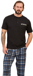 Pijama barbati 240317 tricou cu pantaloni lungi 100 bumbac Aydogan-Negru-S INTL 