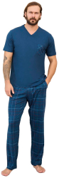 Pijama barbati 240322 tricou cu pantaloni lungi 100 bumbac Aydogan-Albastru Aquamarin-S INTL 