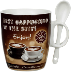 Set Cani pentru Cafea cu lingurita Portelan Ciocolata 220 ml 7.5x8.5 cm 