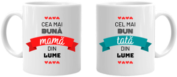 Set cani personalizate pentru parinti &rdquo Cea mai buna mama&rdquo &rdquo Cel mai bun tata&rdquo 320ml