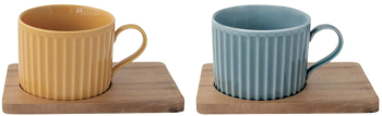 Set portelan 2 cani 250ml si farfurii lemn acacia albastru/portocaliu 