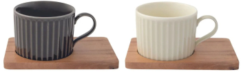 Set portelan 2 cani 250ml si farfurii lemn acacia gri/verzuliu