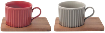 Set portelan 2 cani 250ml si farfurii lemn acacia rosu/gri 