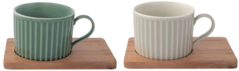 Set portelan 2 cani 250ml si farfurii lemn acacia verde/gri