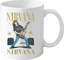 Cana din ceramica haioasa 330 ml alba pentru pasionatii de muzica NIRVANA 
