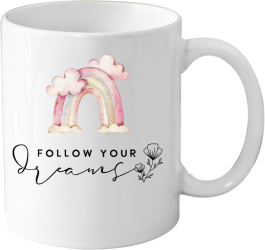 Cana din ceramica haioasa cu mesaj inspirational/motivational alba 330 ml model Follow Dreams 