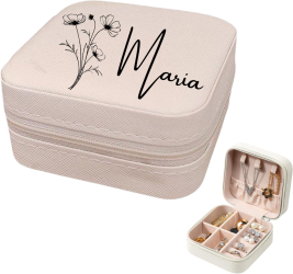 Cutie de bijuterii portabila Travel Box 10x10x5 cm alba personalizata cu nume si luna nasterii flowers 