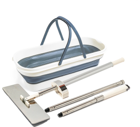 Set mop plat profesional WstPro din otel inoxidabil 36 cm cu sistem de stoarcere si galeata pliabila rezerva microfibra rotatie 360 