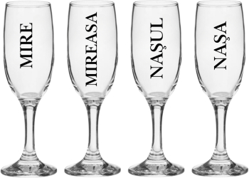 Set pahare Sampanie din sticla personalizate Miri si Nasi pentru nunta 