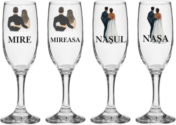 Set pahare Sampanie din sticla personalizate Miri si Nasi pentru nunta model 1