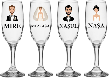 Set pahare Sampanie din sticla personalizate Miri si Nasi pentru nunta model 3