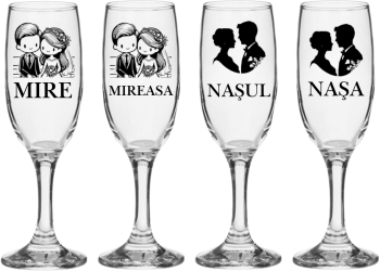 Set pahare Sampanie din sticla personalizate Miri si Nasi pentru nunta model 4 