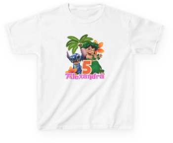 Tricou aniversare personalizat cu nume si varsta pentru copii tematica Lilo si Stitch pentru fetite 