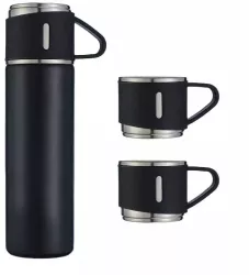 Set Sticla Termos SIKS cu interior din Inox Cu 2 Cani Extra Cu Perete Dublu Inchidere Ermetica Rezistent la Rugina si la Scurgeri Capaci
