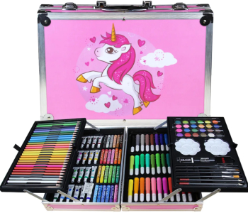 Set 145 piese pentru pictura pentru copii sau adulti creioane colorate si vopsele de pictura cu geanta de transport metalica roz UNICORN 